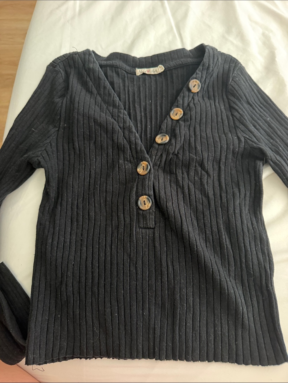 Heart Hips Black Ribbed V-Neck Sweater with Button Placket